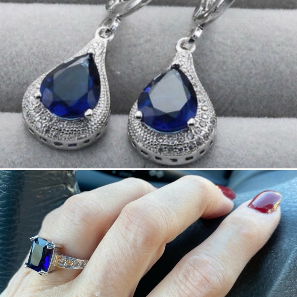 Set of Elegant Silver and Blue Ring and Earring Jewelry Set